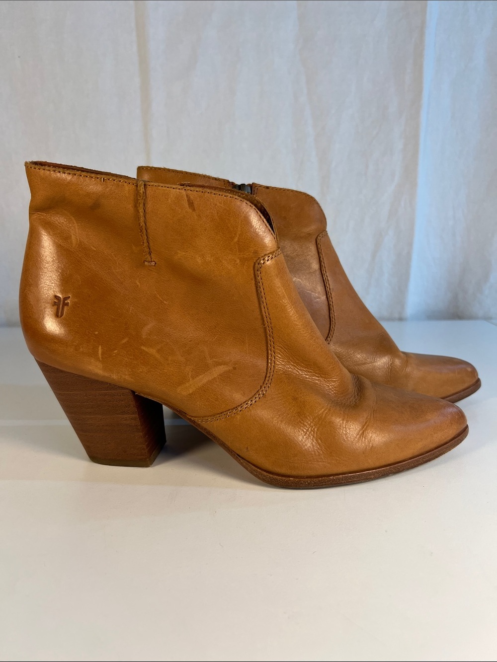 Frye Cognac Leather Ankle Booties with Stacked Heel